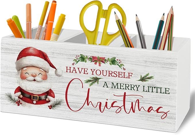 Christmas Santa Pen Pencil Holder Organizer for Desk Accessories, Winter Xmas Santa Claus Holiday Wooden Box Sign Desk Decor for Home Office Decoration, Christmas Office Decor