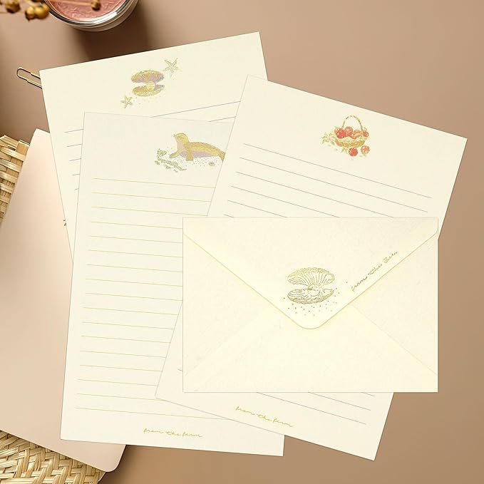 36PCS Stationery Paper and Envelopes Set,24 Lined Paper and 12 Envelopes Inlaid Shell Sea Star Flower Theme Pattern, White Minimalist Stationary Set for Invitations Love Letter Holiday Wishes