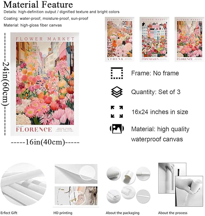 XLARTMY Flower Market Wall Art Print Canvas Pink Floral Painting Colorful Botanical Sunflower Artwork Travel Posters for Home Decor Pictures Set of 3 for Living Room Bedroom 16x24in Unframed