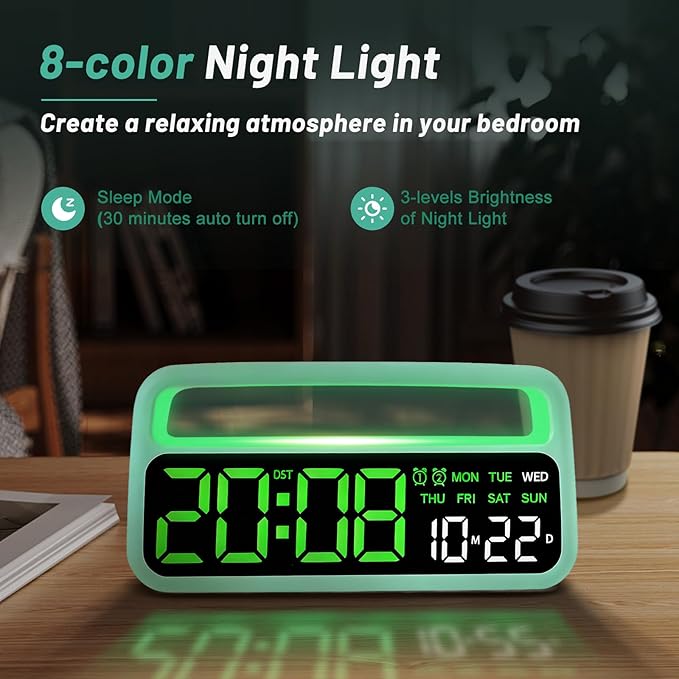 Digital Alarm Clock for Bedroom, Plug-in Digital Bedside Clock with Night Light, Large Display, Dual Alarm, Snooze, Dimmable for Adults Kids Teens, Green
