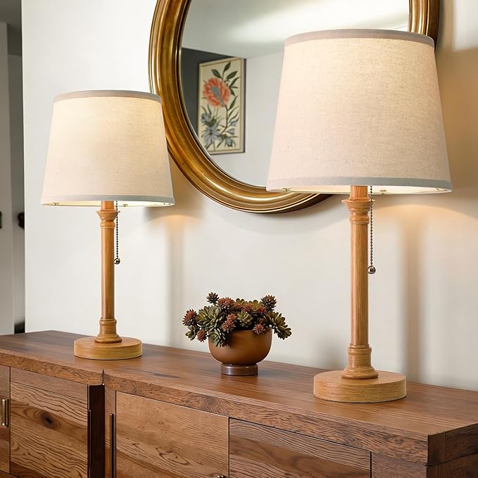 Oneach 19.5" Wood Grain Table Lamps Set of 2, Pull Chain Switch Bedside Table Lamps, Modern Nightstand Lamp with Linen Shade, Small Desk Lamp for Living Room, Bedroom, Home Office, Nursery
