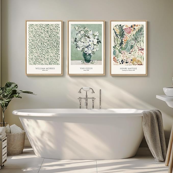 Framed Large Matisse Wall Art for Living Room, 3 Pieces Vintage Sage Green Canvas Painting Artwork for Walls, Botanical Wall Art Prints for Bedroom, Guest Room, Hallway, Home Office Wall Decor, 16x24