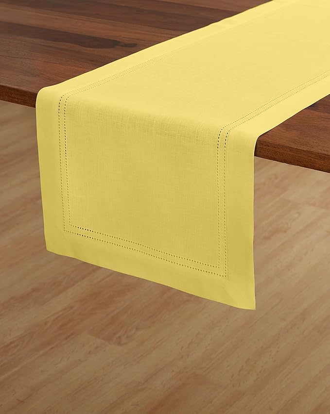 Solino Home Linen Sunshine Yellow Hemstitch Table Runner 60 Inches - 100% Pure Linen Small Table Runner 14 x 60 Inch Ideal for Dresser and Coffee Tables, Spring, Easter - Double Hemstitch