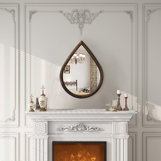 Irregular Wall Mirror with Wood Frame Rustic Wall Mirror Decorative Farmhouse Bedroom Bathroom Droplet Hanging Mirror Brown