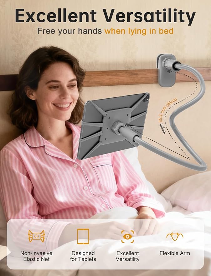 Gooseneck Tablet Holder for Bed, Adjustable Flexible Ipad Holder Stand, Kindle Stand for Reading in Bed, Compatible with Fire HD, Ipad, Galaxy Tabs, Kindle, Switch, Tablet or Other 7"-12.9" Devices