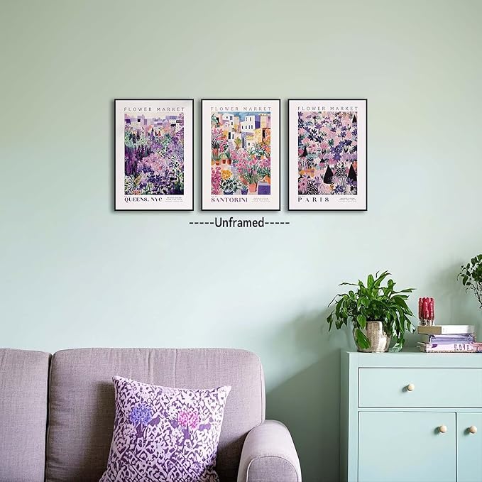 XLARTMY Flower Market Wall Art Prints Canvas Purple and Pink Floral Paintings Colorful Botanical Travel Flower Posters for Home Decor Pictures Set of 3 for Living Room Bedroom 16x24in Unframed