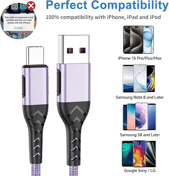 Durcord USB C Charger Cable, 2Pack 6ft USB Charger Fast Charging Type C Cord Cable, Type C Charger Cable Compatible with iPhone 15 Pro/Plus/Max/Android/Phone/Pad-Light Purple