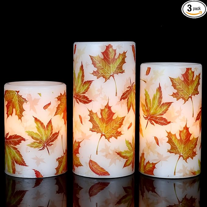 GenSwin Maple Leaf Flickering Flameless Candles Battery Operated with 6 Hours Timer, Real Wax Led Pillar LED Candles Christms Wedding Decoration