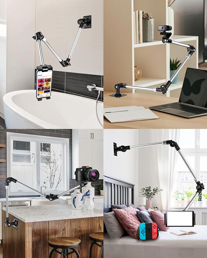 woleyi Aluminum Tablet Wall Mount Holder - 35 Inch Foldable Arm Tablet Stand for Wall, 360° Adjustable Webcam Camera Clip, for iPad Pro Air Mini, Galaxy Tabs, Z Fold, Fire HD, iPhone, 4.7-13" Devices