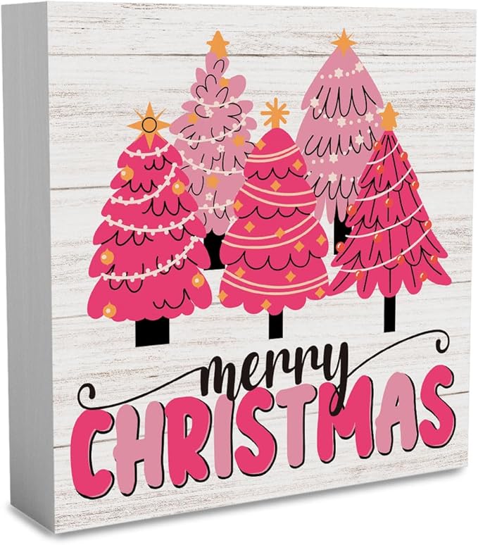 WRSUNT Rustic Pink Merry Christmas Wall House Decor Wood Box Sign, Farmhouse Christmas Santa Artwork Decor, Wood Square Sign Desk Block Signs Home Shelf Office Decoration 5 x 5 Inches