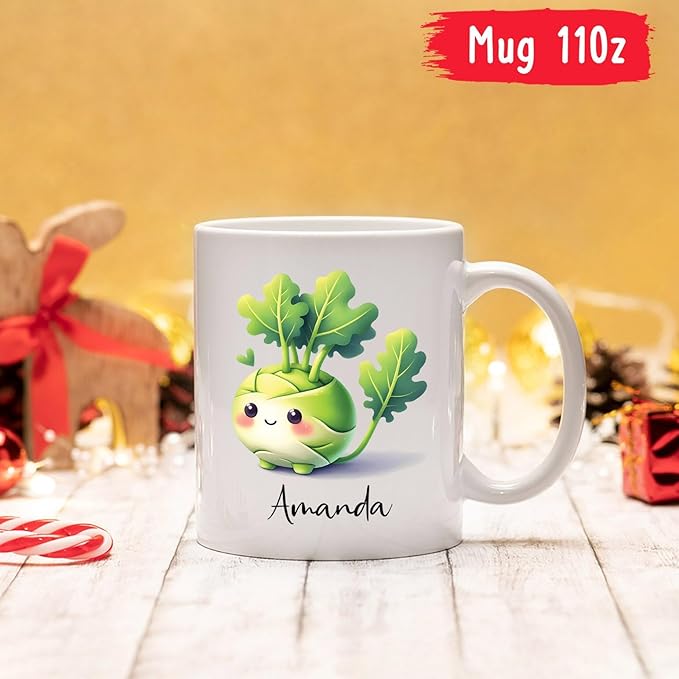 Personalized Name Kohlrabi Travel Mug Gift For Vegetable Enthusiasts, Customized Cute Kohlrabi Vegetable White Coffee Cup 11oz 15oz, Kohlrabi Lovers Mug, Vegan Teacup, Funny Kohlrabi Pottery Mug