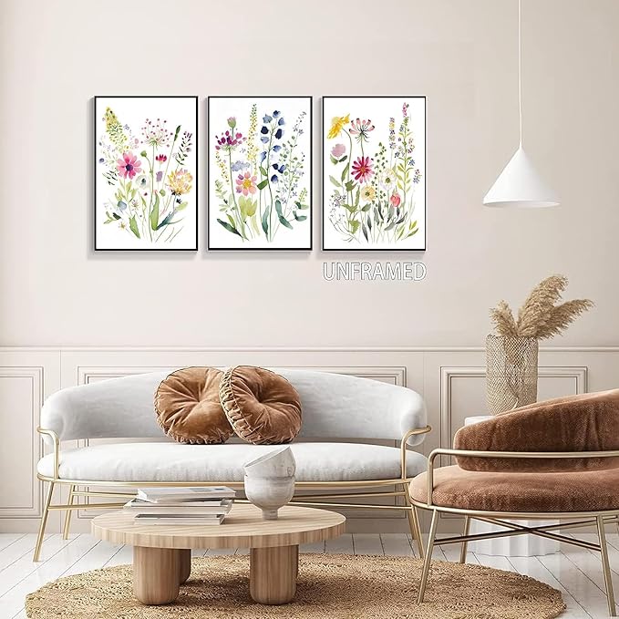 Colorful Wildflower Botanical Canvas Wall Art,Watercolor Flowers Art Poster, Floral Pictures Wall Decor,(8"x10"x3 pcs, Unframed). Painting Artsy Room Decorations for Bedroom Bathroom