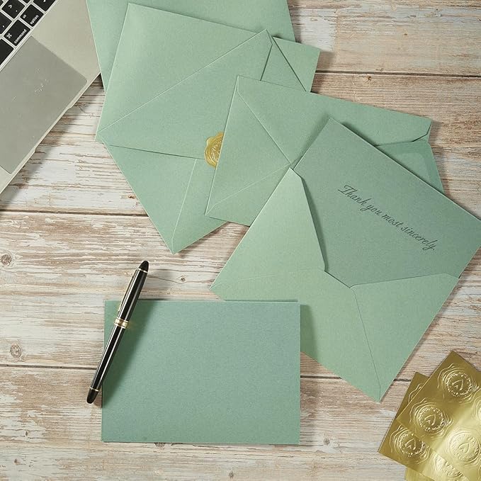 50 Pack Sage-Green A6 Envelopes with Cards 4x6 Thick Folded Cardstock and Gold Stickers for Greeting Cards, Wedding, Birthday, Invitations, Baby Showers (Sage-Green, 4x6)