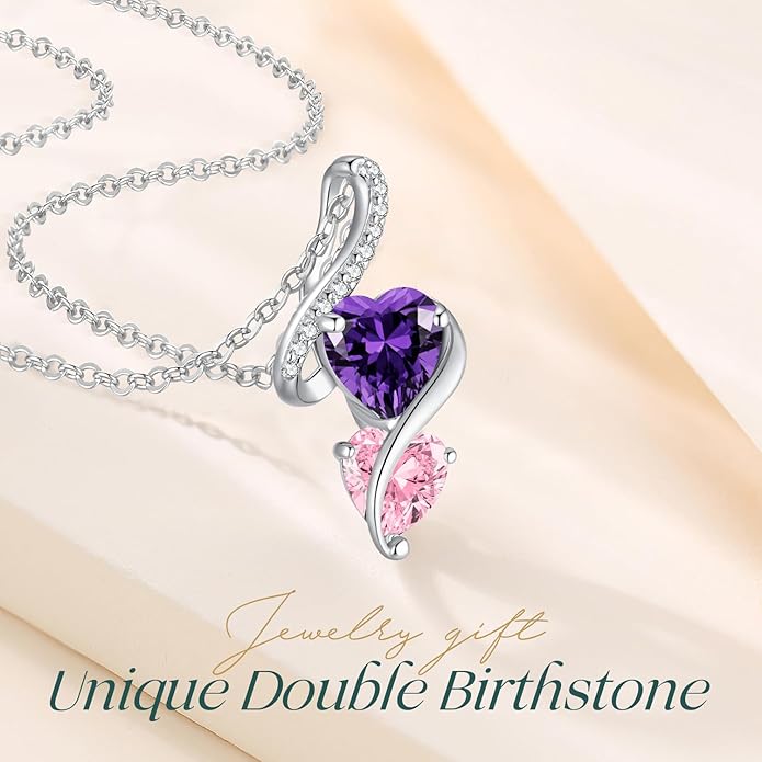 LOUISA SECRET Unique Double Heart Necklace Gifts for Wife Women, 925 Sterling Silver Tiny Birthstone Pendant Jewelry Gift for Her Girlfriend Mom Valentine's Day Anniversary Mother's Day Birthdays & Christmas