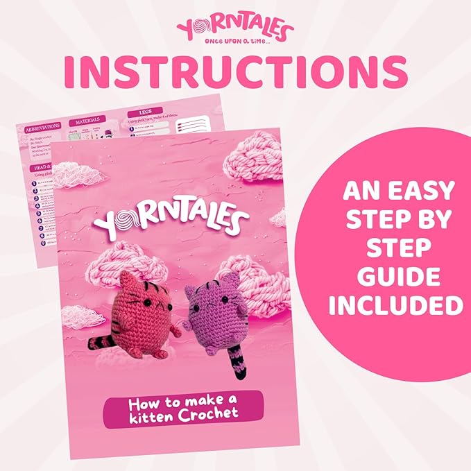 YarnTales DIY Pink Kitten Crochet Kit - Beginner Craft Kit with All Included Supplies & Video Tutorials - Great Christmas, Xmas & Hanukkah Gift or Stocking Stuffer for Teens & Adults