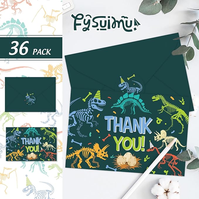 36 Pack Dinosaur Thank You Cards Greeting Cards with Envelopes Stickers Dark Green Dinosaur Skeleton Blank Note Card for Birthday Baby Shower Party Supplies