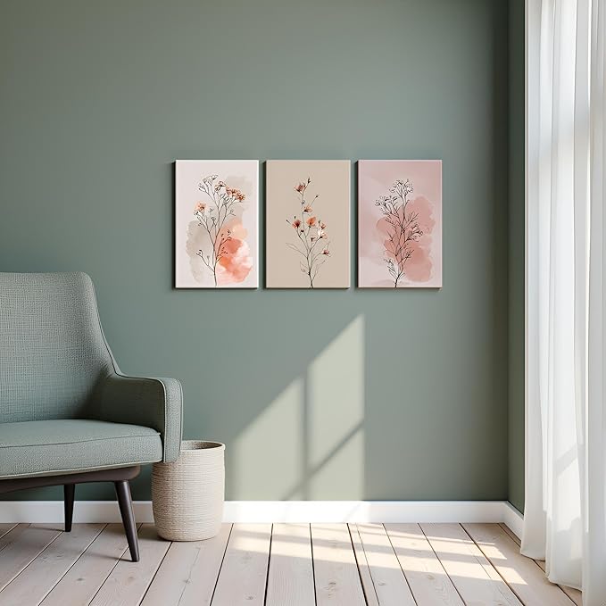 okudolit Boho Vintage Flower Wall Art Set of 3 Minimalist Floral Botanical Prints Rustic Wildflower Wall Decor Beige and Pink Neutral Plant Painting for Living Room Bedroom Office-12x16in