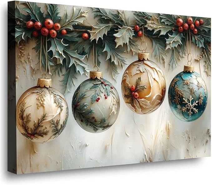 Christmas Ornament Balls Holiday Ball Decor Festive Print Vintage Christmas Canvas Wall Art Hanging Poster Vintage Holiday Print Indoor Decor for Home Offices Living Room Bedroom Framed Ready to Hang