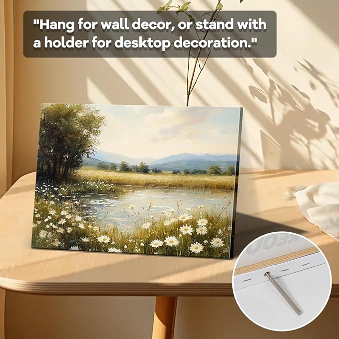 WOXZQ Rustic Lake Meadow Wall Art – 15x12 Inch Countryside Landscape Print with Wildflowers – Frameless Laminated Paper for Living Room, Bedroom, or Office – Hanging & Tabletop Display