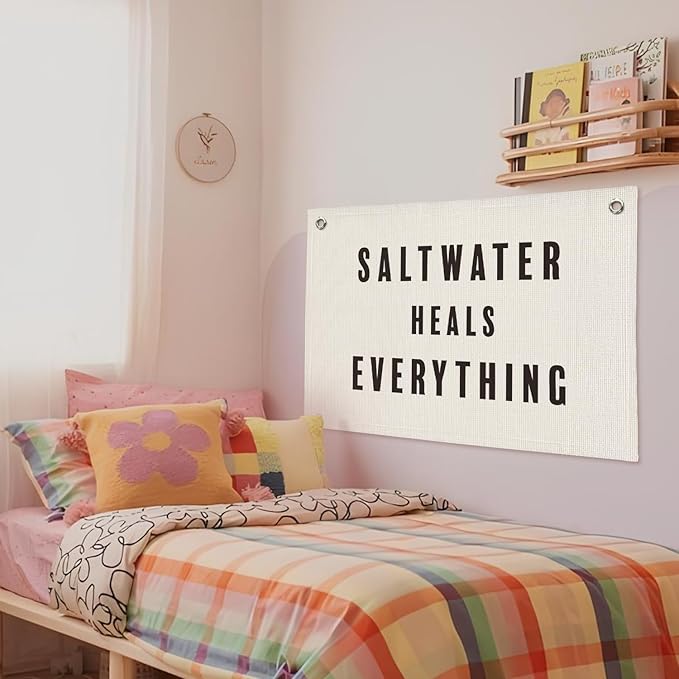 Surfer Beach Banner, Ocean Coastal Linen Canvas Banner, Saltwater Heals Everything Wall Hanging Flag Decor for Toddler Boy Room Nursery Playroom