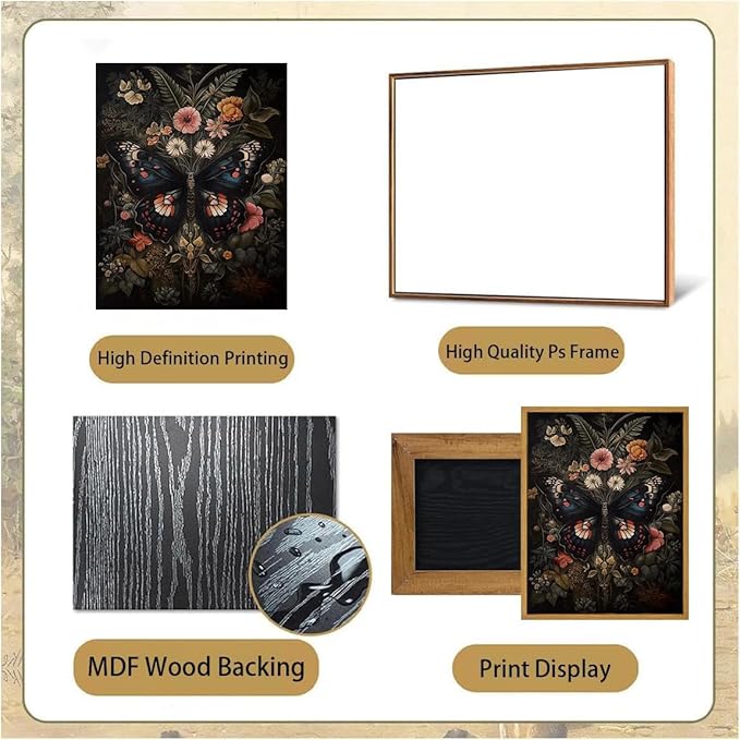 Djmwtb Vintage Framed Wall Art Butterfly Canvas Wall Art Prints Gothic Botanical Floral Pictures Dark Academia Flower Painting Wall Decor Artwork for Living Room Bedroom Bathroom Office 16x24in