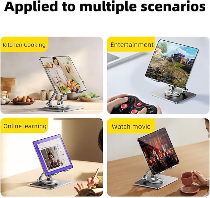 iPad Stand for Desk, Tablet Holder with Thickened 360° Rotating Base Dual Rod Adjustable Aluminum Stand for All 4-12.9’’ iPad Surface Samsung Phone Tablet Kindle E-Reader and More, Silver