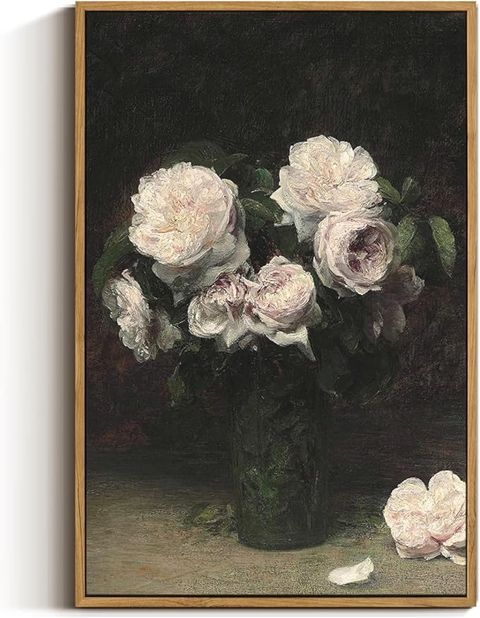 VIYYIEA Floral Large Framed Wall Art, Rose Flower Vintage Art Decor Room Aesthetic, 16X24 Inch Canvas Print Art, Farmhouse Still Life Painting Wall Decor for Bedroom Bathroom Office