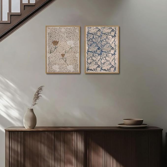 YOYIAXT 2 Pieces Boho Botanical Canvas Wall Art For Bedroom Vintage Floral Pattern Framed Wall Art Antique Neutral Flower Art Print Artwork For Office Living room, 16x24 in