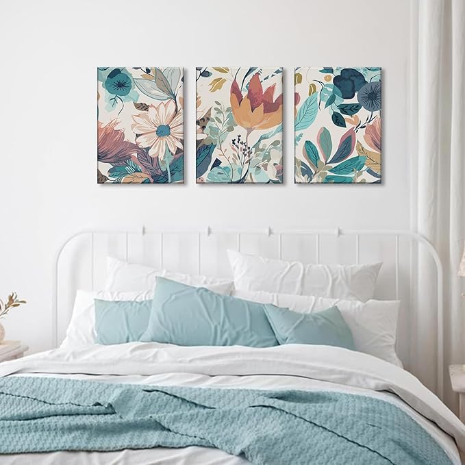 TUEASKY 3 Piece Botanical Canvas Wall Art Neutral Floral Wall Art Modern Minimalist Flower Decor Wildflower Prints for Living Room Bedroom Office 12x16in Framed