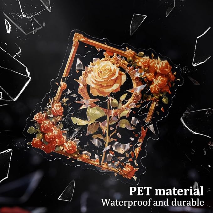 Broken Mirror Frame Stickers Set, 40PCS Gothic Rose PET Scrapbook Supplies for Journaling, DIY Crafts, and Planners