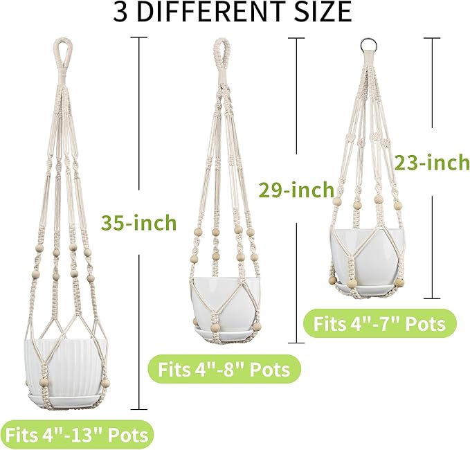 Macrame Plant Hanger - Fits 4 to 13 inches Pots for Indoor Outdoor, 35"/29"/23" Different Sizes Set, Ivory (POTS NOT Included)