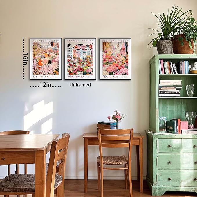 XLARTMY Flower Market Wall Art Prints Canvas Pink Floral Paintings Colorful Botanical Sunflower Artwork Travel Posters for Home Decor Pictures Set of 3 for Living Room Bedroom 12x16in Unframed