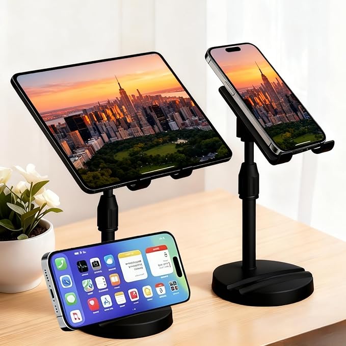Versatile Dual Phone Holder Mount, Adjustable Height & 360° Rotation, Ergonomic Stand for Simultaneous Phone and Tablet Use, Perfect for Home, Office, and Travel