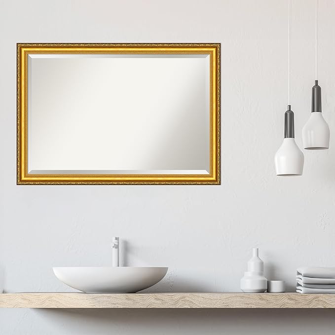 Amanti Art Gold Wall Mirror 28x40 Colonial Embossed Gold Rectangle Bathroom Mirror for Wall Decor Living Room, Large Traditional Wood Frame, Hangs Horizonally and Vertically, Bathroom Decor, Beveled