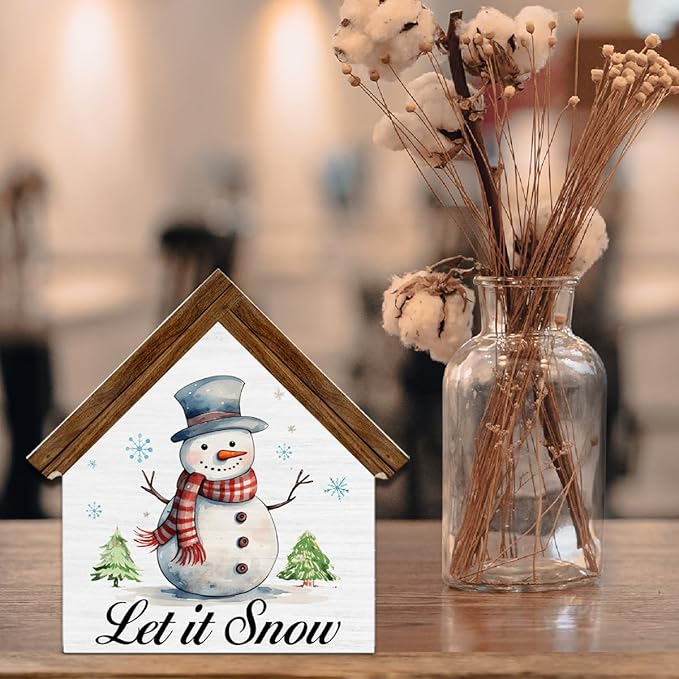 Let It Snow Sign, Christmas Snowman Decor, Winter Snowman House Shaped Wooden Sign， Christmas Home Decor for Desk Table Shelf