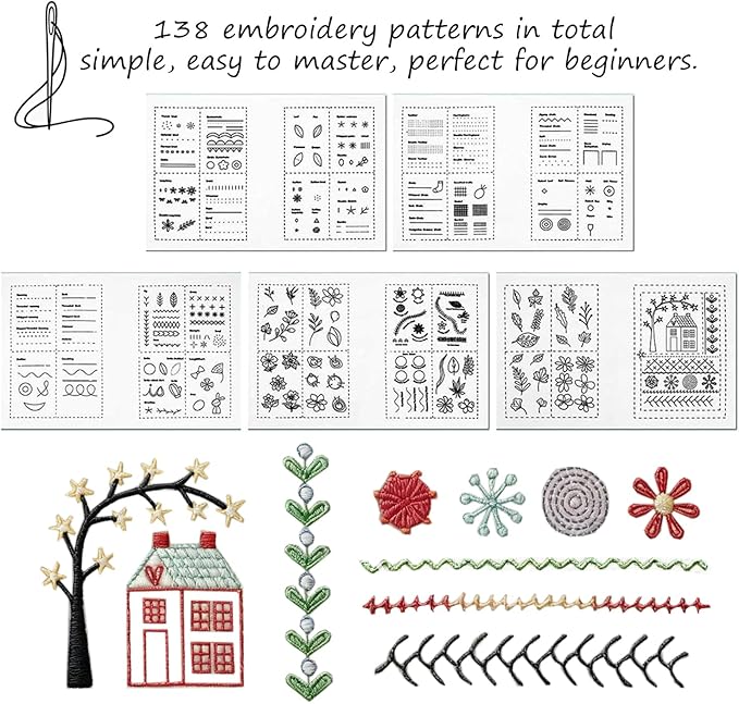 2026 Upgraded Embroidery Stitch Book Kit 6-Ring Binder Clip Design & Oversized 10.8x8.1x1.0 Inches 86 PCS Complete Toolkit with 138 Large Clear Patterns Portable for Beginners Adults DIY Craft & Gift