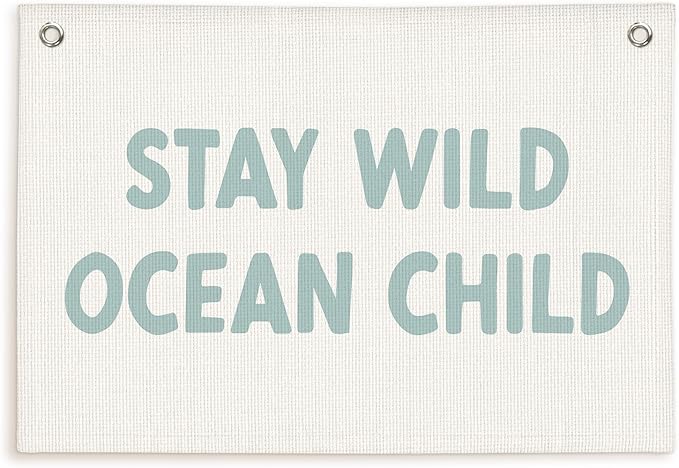 Lacama Beach Theme Wall Decor for Boys Room, Coastal Kids Playroom Nursery Hanging Sign, Stay Wild Ocean Child Linen Canvas Banner, Rustic Nautical Surf, 30x20 Inch