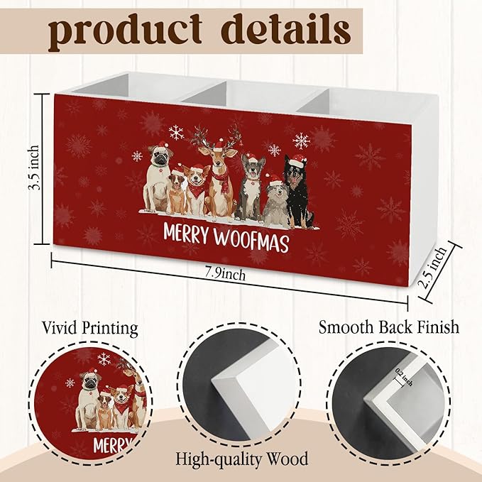 Dog Christmas Pen Pencil Holder Organizer for Desk Accessories, Merry Woofmas Christmas Wooden Box Sign Desk Decor for Home Office Decoration, Dog Mom Dad Lovers Gifts for Women Men