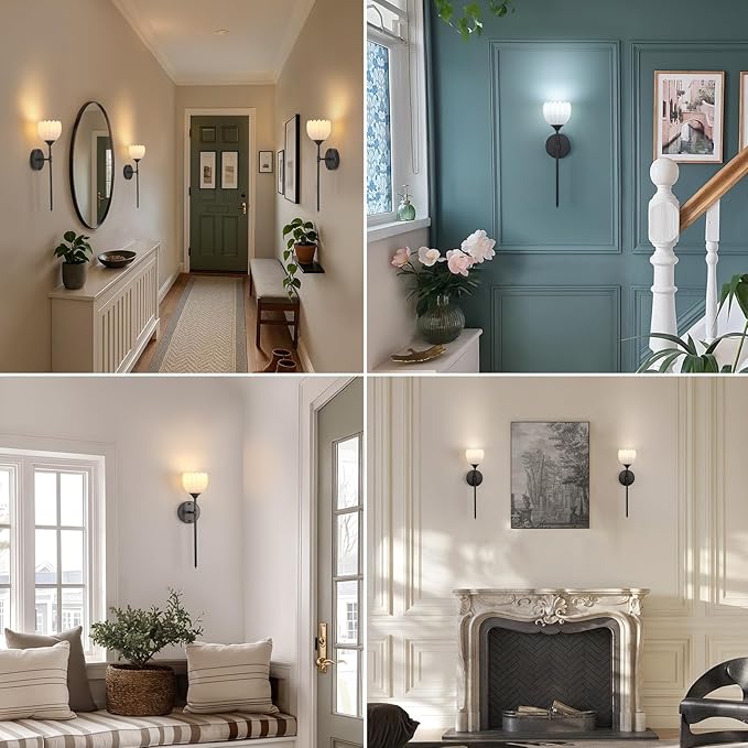 Battery Operated Wall Sconce Set of 2, White Tulip Vintage Wall Light Fixture Rechargeable 5000mAh Battery Powered Wall Lamp with Remote for Living Room Bathroom, Black