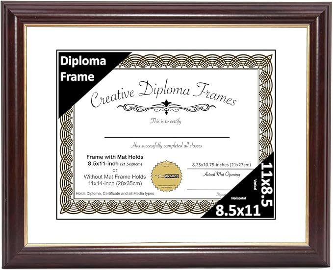 Creative Picture Frames 8.5x11 Mahogany Gold Rim Diploma Frame with White Mat Glass Easel and Installed Wall Hangers | Frame Holds 11x14 Media without Mat