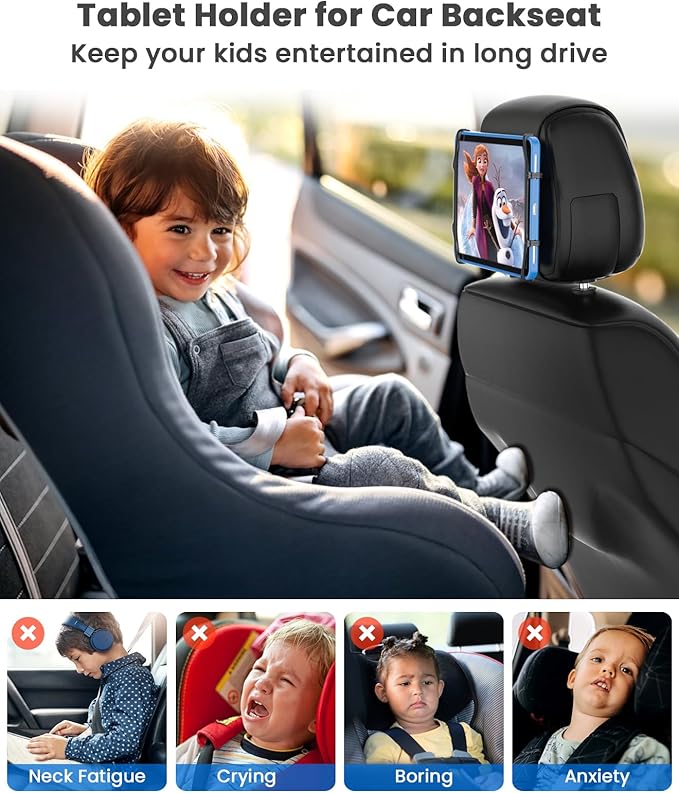 WONNIE Tablet Holder for Car, Upgraded iPad Holder for Car Mount Headrest, iPad Mount Back Seat for Kids with Anti-Slip Strap, Silicone Holding Net/Fits All 7-12.9'' Tablets