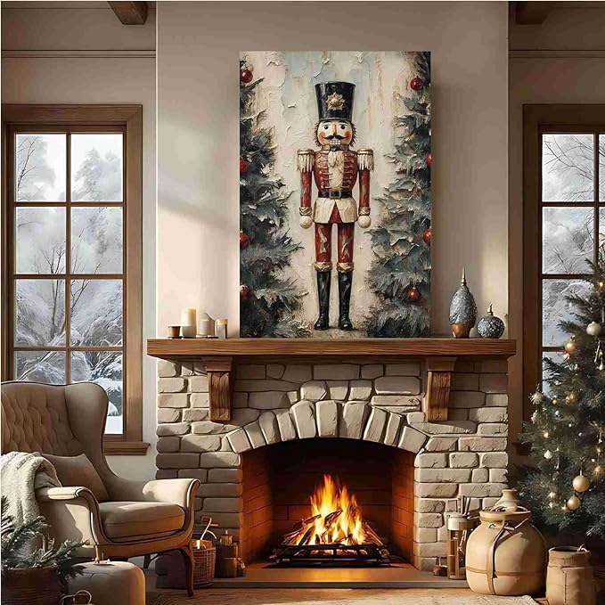 Nutcracker Soldier Vintage Christmas Art Holiday Doll Canvas Wall Art Traditional German Decor Red Uniform Soldier Prin Poster Indoor Decor for Home Offices Living Room Bedroom Framed Ready to Hang