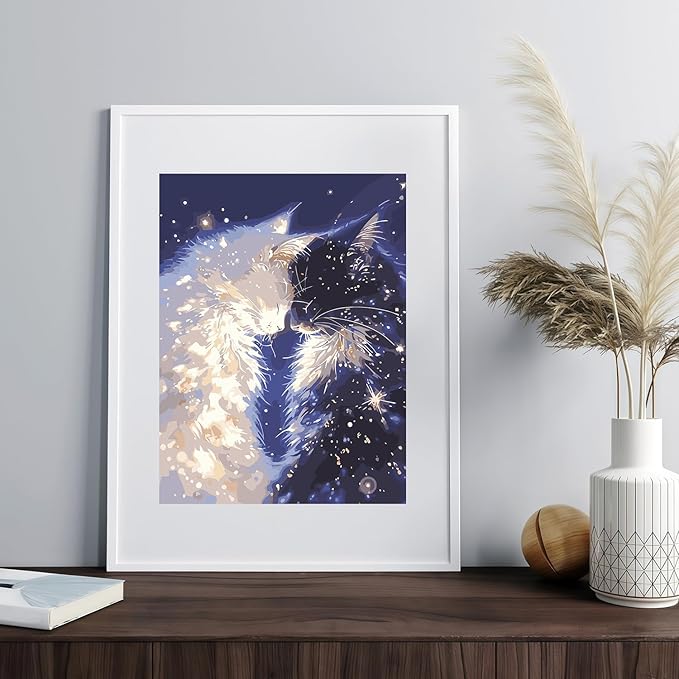 Mosaflare Paint by Numbers for Adults Beginner, White and Black Cat Adult Paint by Number Kits on Canvas, DIY Acrylic Oil Easy Painting by Numbers for Home Wall Decor 12X16 inch (Without Frame)