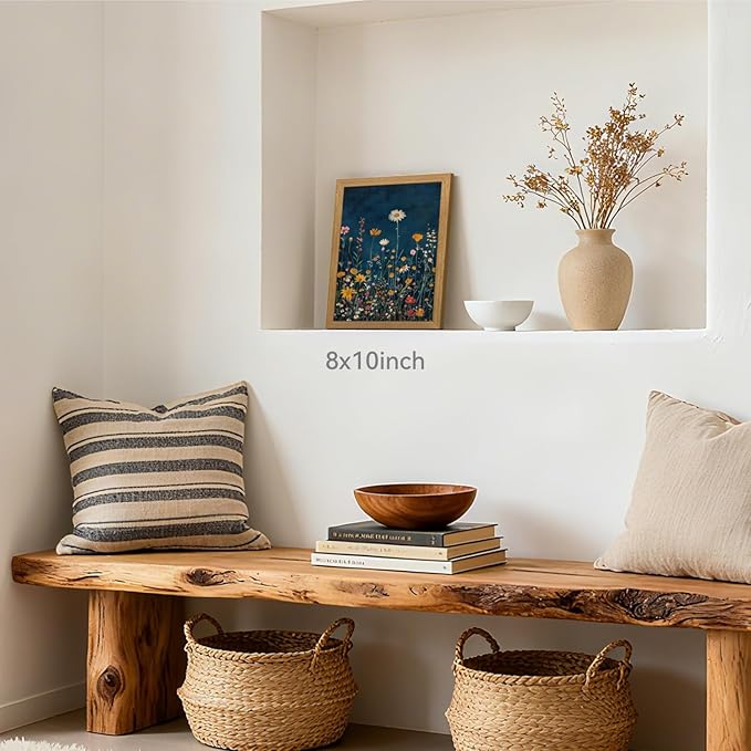 CAZLOUC Vintage Wildflower Wall Art, Colorful Botanical Flower Wall Decor, Rustic Dark Blue Floral Canvas Painting, Classic Minimalist Poster Print for Bedroom Office Wood Framed 8x10 Inch