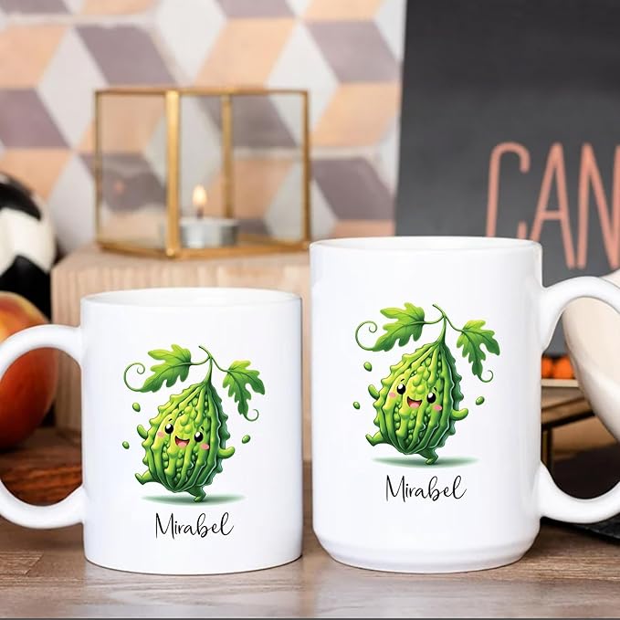 Personalized Cute Bitter Gourd Vegetable Coffee Cup 11oz 15oz, Funny Bitter Gourd White Ceramic Mug Gifts For Men Women, Custom Name Bitter Gourd Lover Coffee Mug, Bitter Gourd Fans Travel Cups