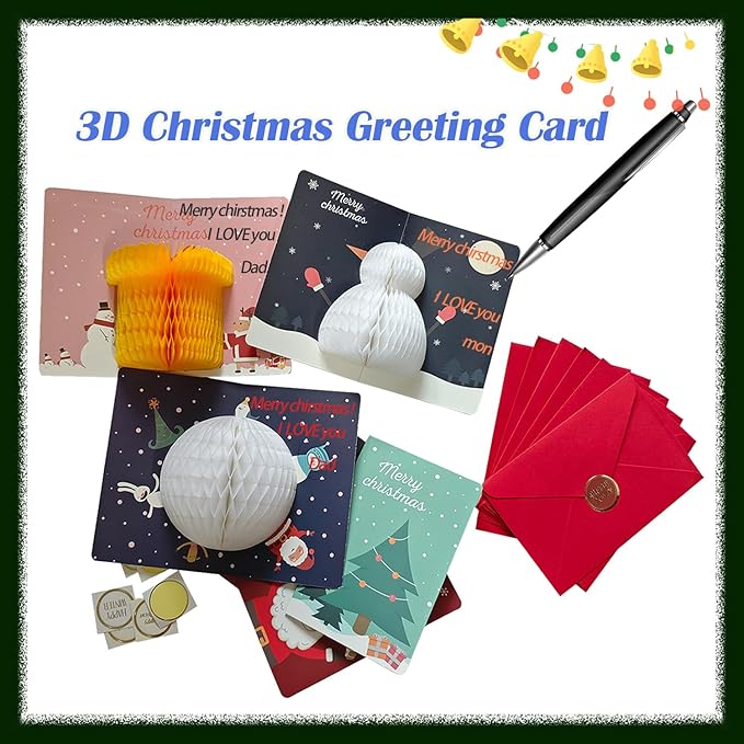 EAJASUCE 6 Set 3D Christmas Greeting Cards, Merry Christmas Cards Handmade Cards with Envelopes Xmas Gift Cards for Family