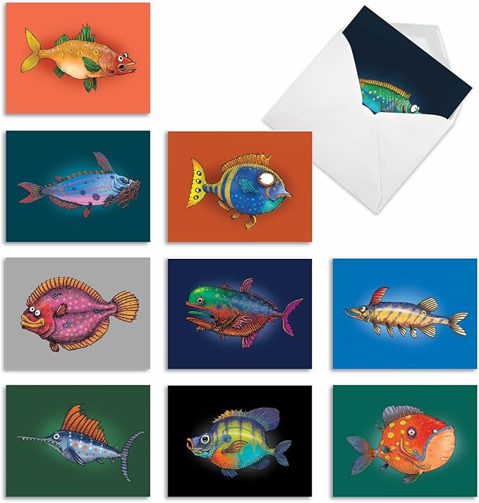 The Best Card Company - 10 All Occasion Blank Cards for Men and Women (4 x 5.12 Inch) - Nautical, Ocean, Sea Life Assortment of Notecards - Fishtoons M6491OCB