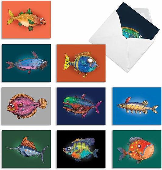 The Best Card Company - 10 All Occasion Blank Cards for Men and Women (4 x 5.12 Inch) - Nautical, Ocean, Sea Life Assortment of Notecards - Fishtoons M6491OCB