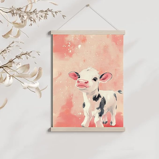 bitCNY Cute Baby Cow Wall Art – 12x16 Inch Calf Print on Pink Background, Farm Animal Nursery Poster for Girls' Room 589