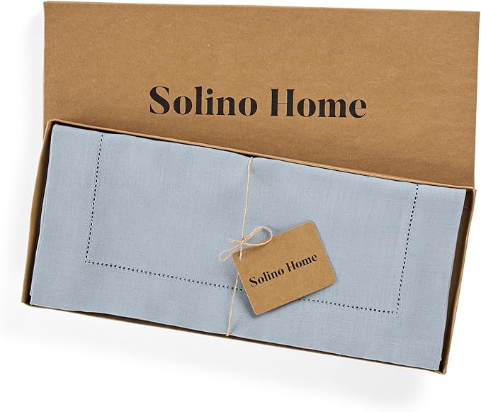 Solino Home Linen Dusty Blue Table Runner 108 Inches Long - 100% Pure Linen Hemstitch 14 x 108 Inch Table Runner for Dining, Winter, Spring, Easter - Classic Hemstitch